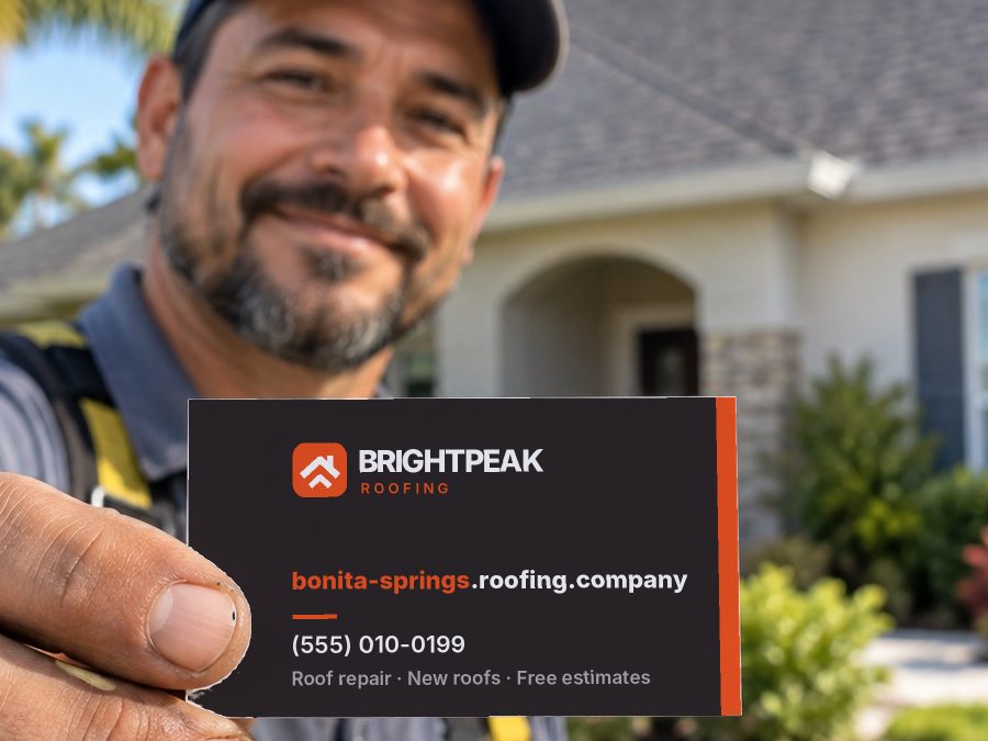 bonita-springs.roofing.company on a roofer's business card