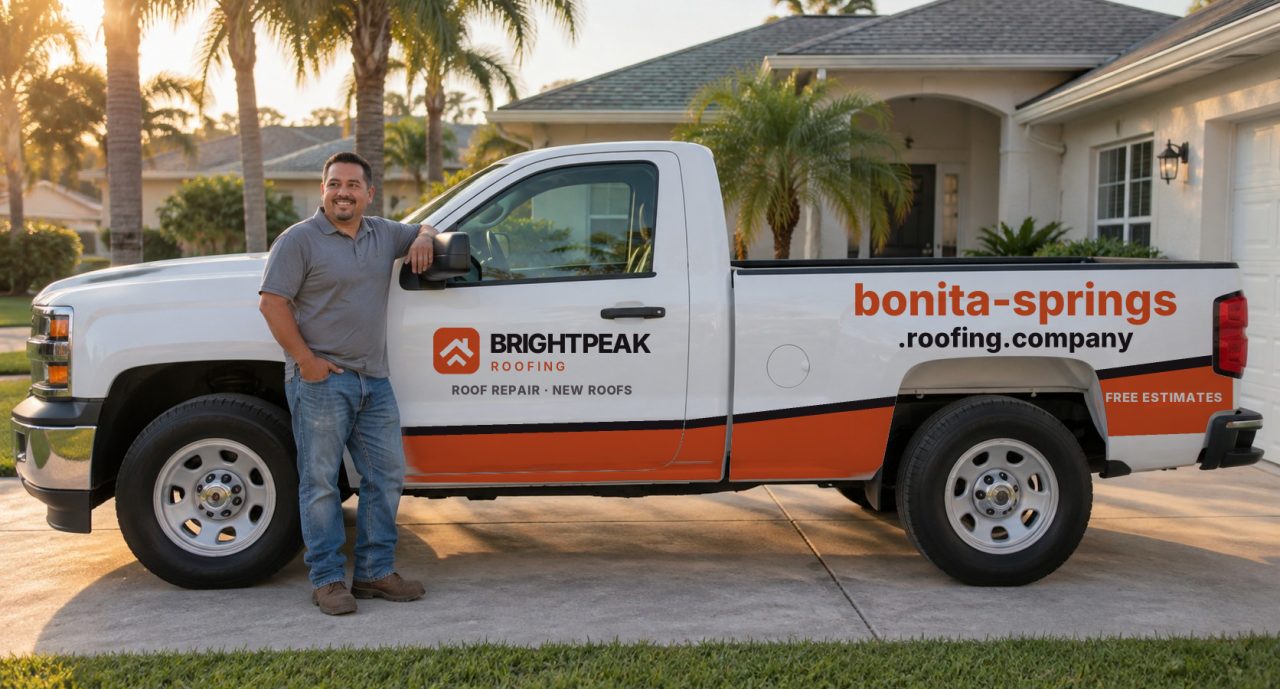 bonita-springs.roofing.company painted on the side of a white work truck