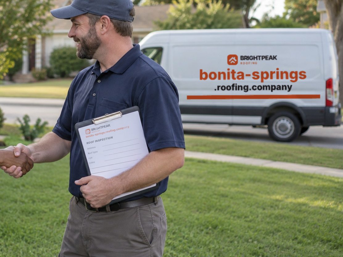 bonita-springs.roofing.company on a roofing van and an inspection form